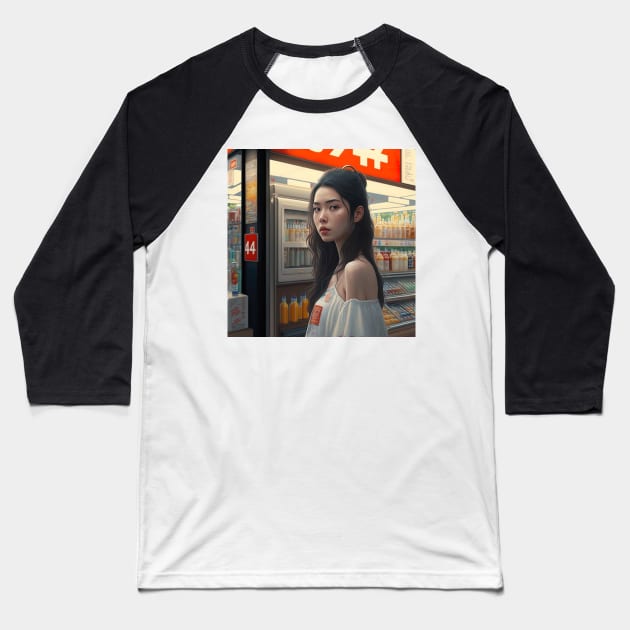 Asian Woman in front of a Convenience Store Baseball T-Shirt by unrealartwork